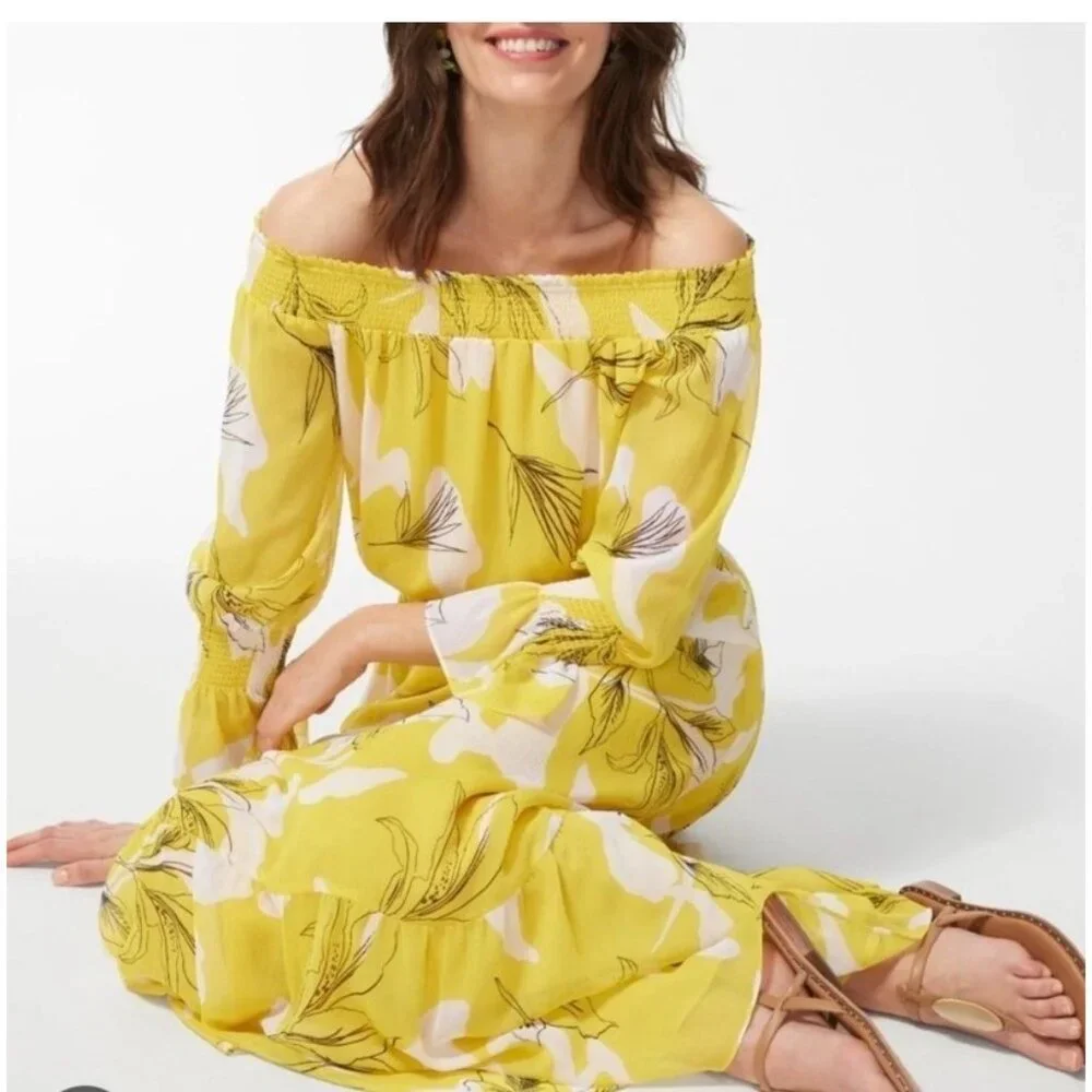 Chico’s Off Shoulder Pineapple Maxi Dress Yellow Size 10 - Picture 7 of 15